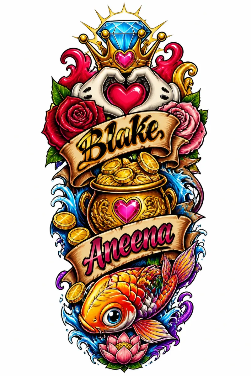 design a tattoo with names Blake and Aneena with theme prosperity and love
